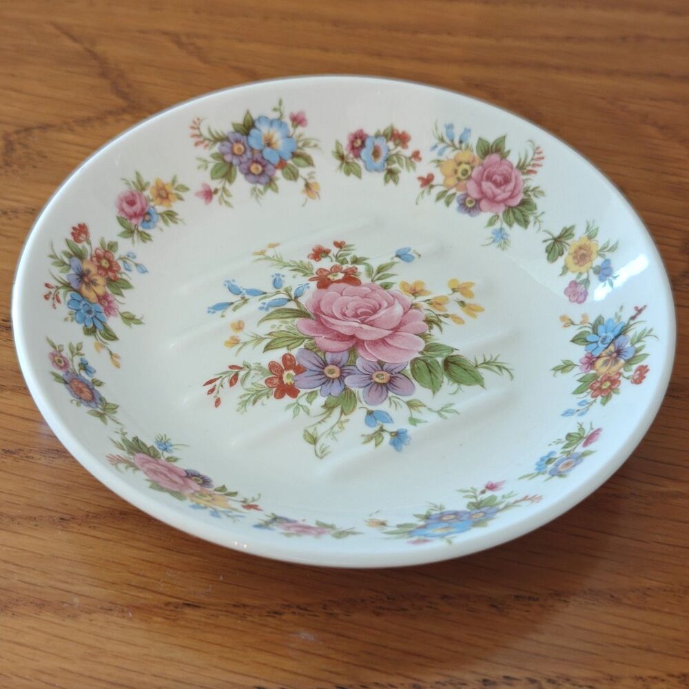 VINTAGE FLORAL SOAP DISH BONE CHINA MADE N ENGLAND CLARE ROSE FORGET ME NOT BATH